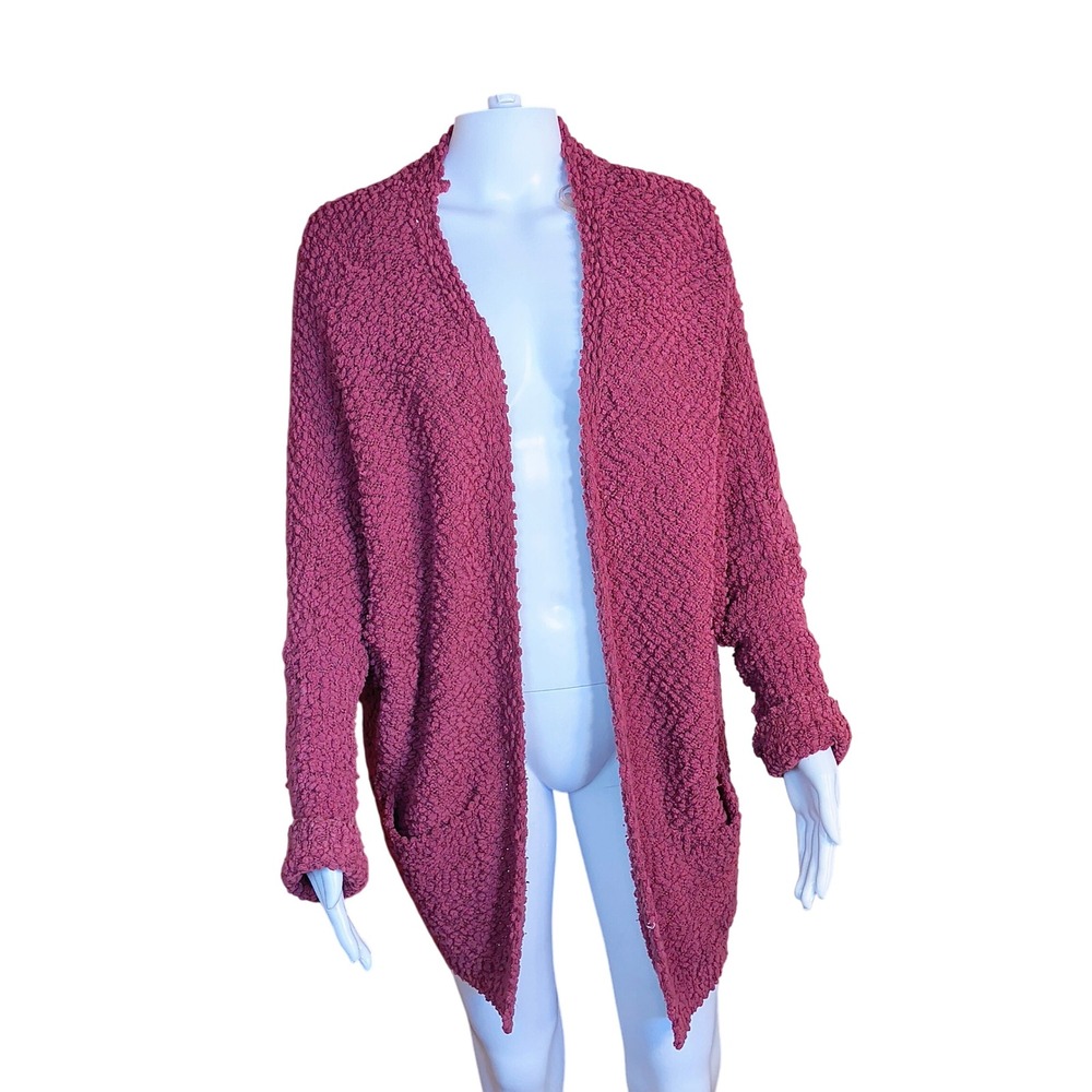 Umgee Textured Knit Open Front Cardigan Sweater Women's Size Large Pocket Boho